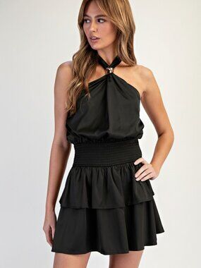NWT Black Satin Halter Highneck Gold Tone Detailing Smocked Waist Soft Ruffle